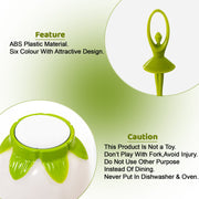 Side view of the colourful fruit fork set with its unique dancing doll holder.