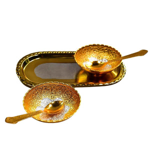 PremiumAV Gold Silver Plated 2 Bowl 2 Spoon Tray Set Brass with Red Velvet Gift Box Serving Dry Fruits Desserts Gift