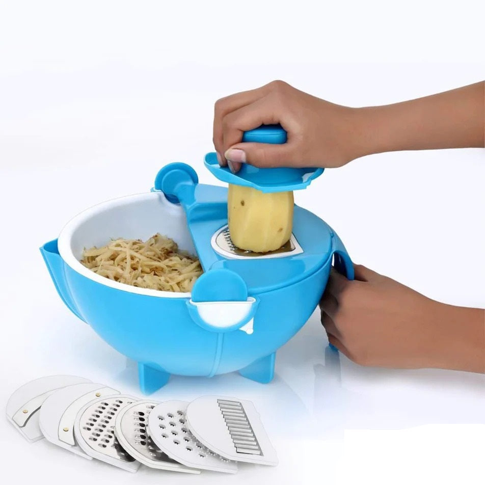 Multi-functional vegetable cutter and shredder with drain basket.