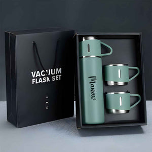 Customized Stainless Steel Vacuum Flask Set with 3 Cups – 500ML | Personalized Name Bottle Gift Combo for Boyfriend, Girlfriend, Employee