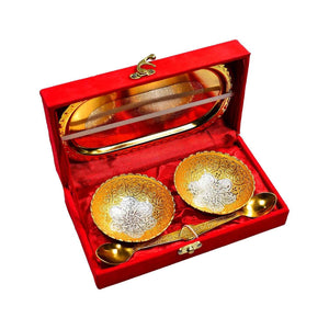 PremiumAV Gold Silver Plated 2 Bowl 2 Spoon Tray Set Brass with Red Velvet Gift Box Serving Dry Fruits Desserts Gift