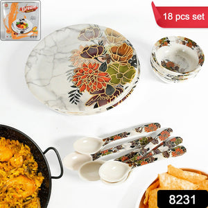 PremiumAV Dream 18-Piece Plastic Dinner Set  Unique Flower Design, 6 Plates, 6 Bowls & 6 Spoons, Microwave & Dishwasher Safe - PremiumAV