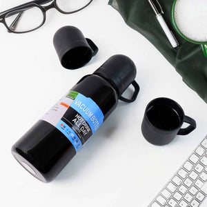 Black Vacuum Flask Set – Stainless Steel Thermos with 3 Cups, Approx 500ml