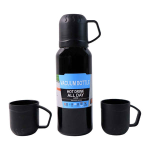 Black Vacuum Flask Set – Stainless Steel Thermos with 3 Cups, Approx 500ml