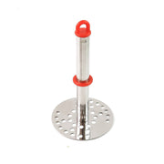 Potato masher hanging on kitchen rack using the hanging loop
