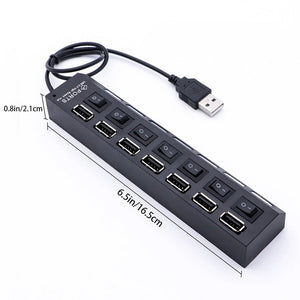USB Splitter Multi Port USB 2.0 Hub, 7 Port with Independent On/Off Switch and LED Indicators USB A Port Data Hub, Suitable for PC Computer Keyboard Laptop Mobile HDD, Flash Drive  Etc