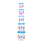 Transparent 5-piece airtight plastic container set displayed with various food items.