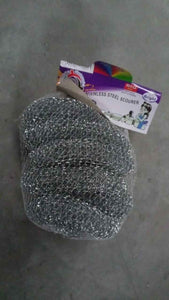 Stainless steel scrubbers for cleaning pots, pans, and dishes. Pack of 6 durable scourers.