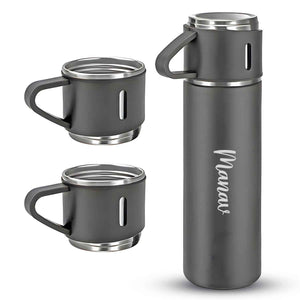 Customized Stainless Steel Vacuum Flask Set with 3 Cups – 500ML | Personalized Name Bottle Gift Combo for Boyfriend, Girlfriend, Employee