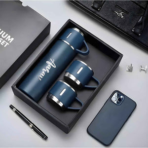 Customized Stainless Steel Vacuum Flask Set with 3 Cups – 500ML | Personalized Name Bottle Gift Combo for Boyfriend, Girlfriend, Employee