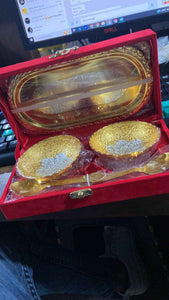 PremiumAV Gold Silver Plated 2 Bowl 2 Spoon Tray Set Brass with Red Velvet Gift Box Serving Dry Fruits Desserts Gift