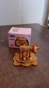 PremiumAV Metal Golden Kamdhenu Cow with Calf (1 Pc) - PremiumAV