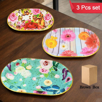PremiumAV Plastic Flower Printed Design Serving Tray (3 Pcs Set / Mix Color)