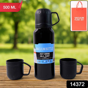 Black Vacuum Flask Set – Stainless Steel Thermos with 3 Cups, Approx 500ml