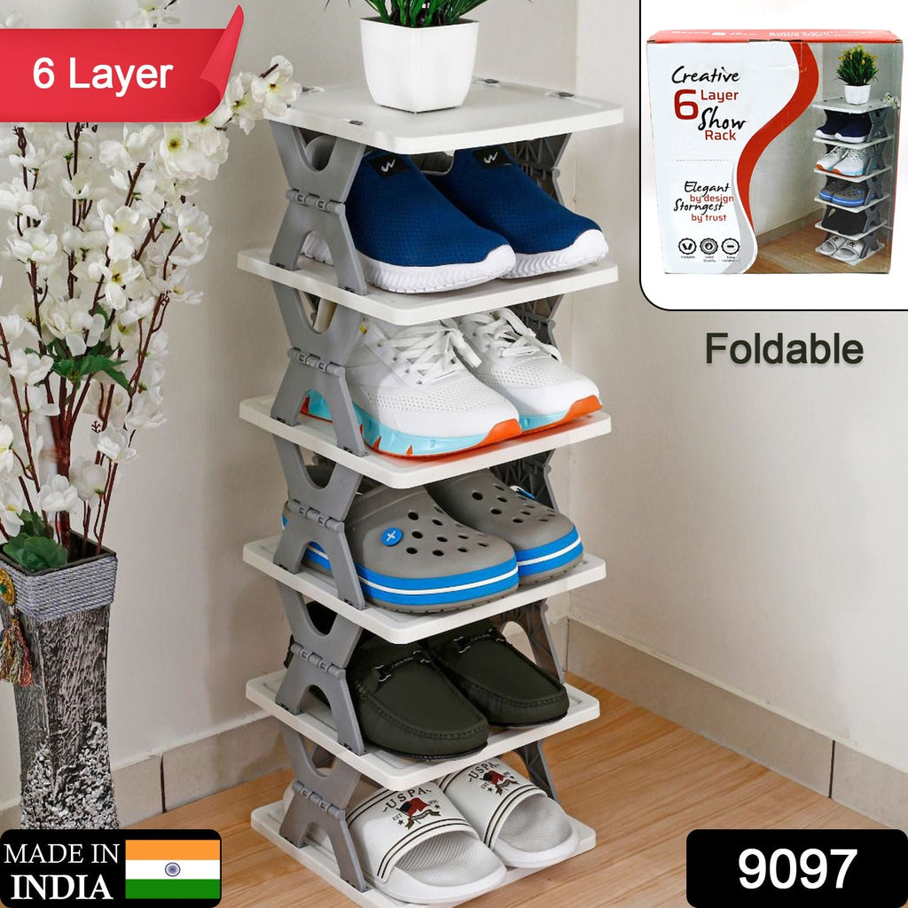 9097 Smart Shoe Rack with 6 Layer Shoes Stand Multifunctional Entryway Foldable & Collapsible Door Shoe Rack Free Standing Heavy Duty Plastic Shoe Shelf Storage Organizer Narrow Footwear Home DeoDap